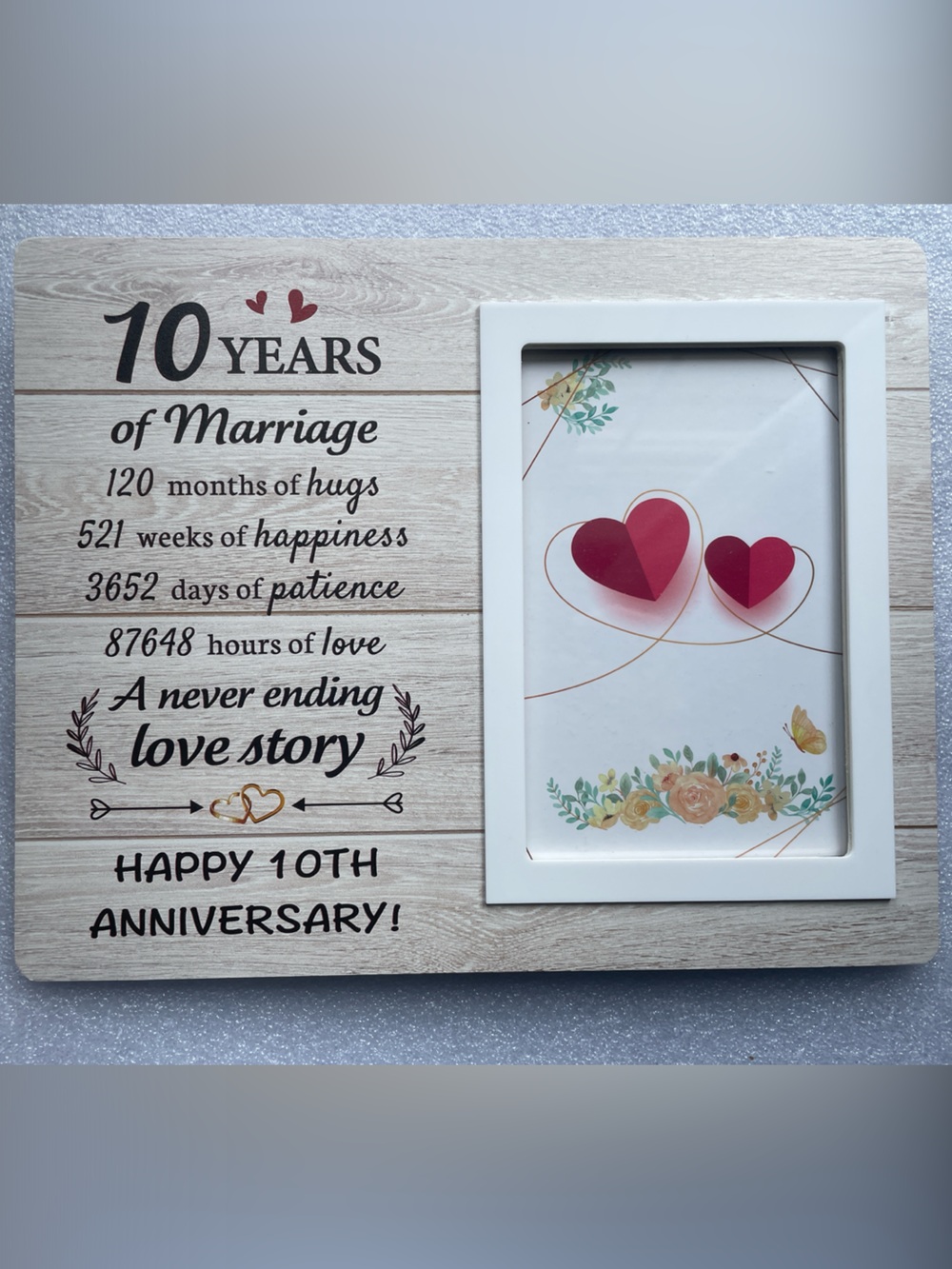 10 Years of Marriage Anniversary Wood Photo Frame - Red Hearts